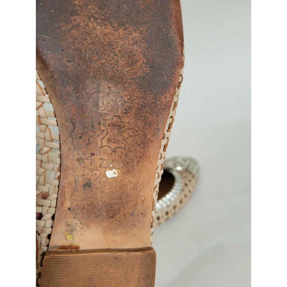 Tory Burch Logo Reva Scrunch Ballet Flat Woven Leather Beige Silver Slip On size - Picture 6 of 6